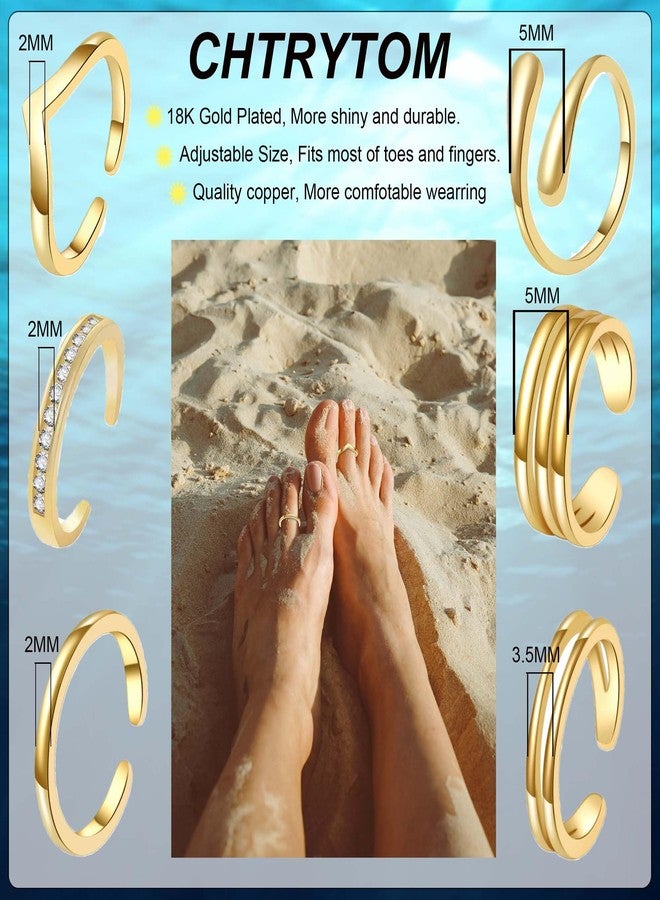 CHTRYTOM 6PCS Toe Rings for Women 18K Gold Silver Toe Ring Set Adjustable Non Tarnish Band Simple Beach Foot Jewelry for Summer - Image 3